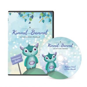 Unser Hörspielbuch von Kimmel-Bummel und seine ersten Abenteuer. Die CD-Hülle steht aufrecht, die CD lehnt davor.